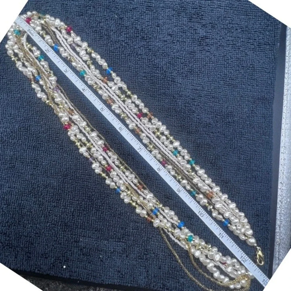 Vtg 7 Strand Necklace Faux Baroque and Seed Pearls Acrylic Gold Tone Accents 25